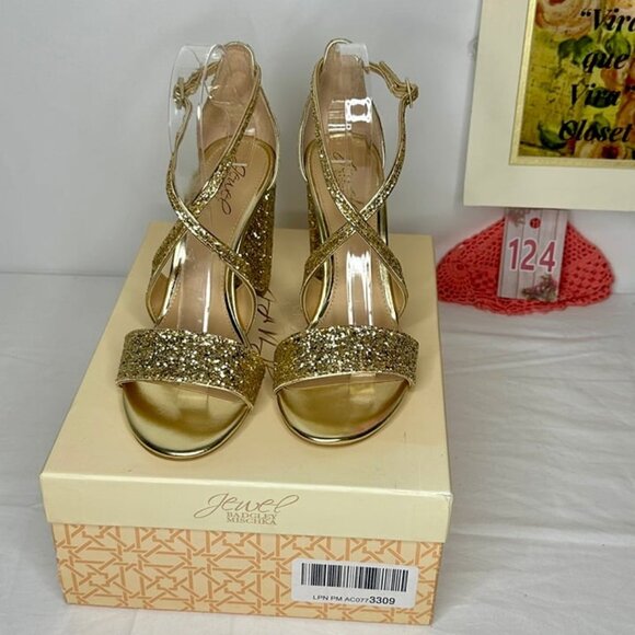 NWB Badgley Mischka Jewel Cook Metallic Gold Glitter Evening Sandals Size 9 - Picture 11 of 11
